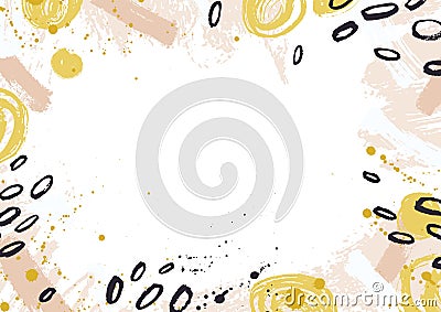 Horizontal backdrop decorated with colorful paint traces, ink stains, blots and brush strokes on white background. Hand Vector Illustration