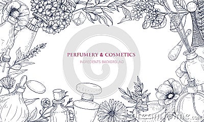 Horizontal backdrop with frame made of perfume and fragrance ingredients in flasks and blooming flowers hand drawn with Vector Illustration