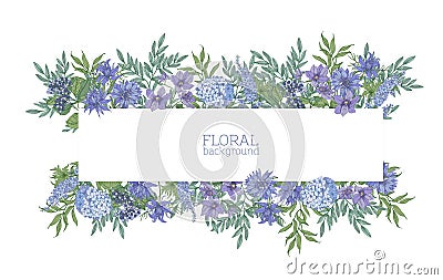 Horizontal background or banner surrounded by gorgeous blue wild blooming flowers and summer meadow flowering plants Vector Illustration