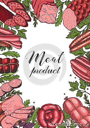 Horizontal background with different color meat products in sketch style. Sausages, ham, bacon, lard, salami Vector Illustration