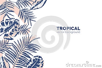 Horizontal background with tropical palm tree branches and Monstera leaves drawn with contour lines and paint stains Vector Illustration