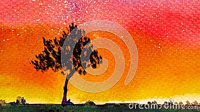 Horizontal background watercolor landscape of a lonely young tree with foliage against the orange sky of a sunset or sunrise with Cartoon Illustration