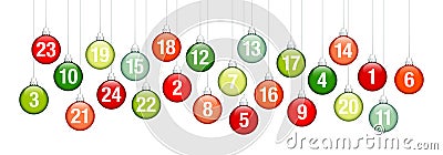 Banner Advent Calendar Hanging Glossy Christmas Baubles Red And Green Vector Illustration