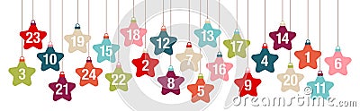 Banner Advent Calendar Hanging Stars Retro Color Vector Illustration