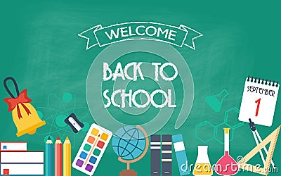 Horizontal banner, background, poster from the school and education icons. Back to school. Flat design. Vector Illustration