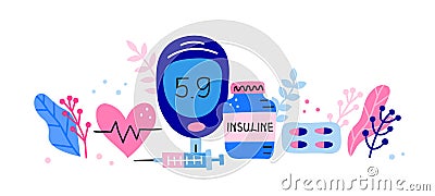 Horizontal banner with big heart, glucometer, syringe, insulin bottle, pills blister, leaves. Vector Illustration