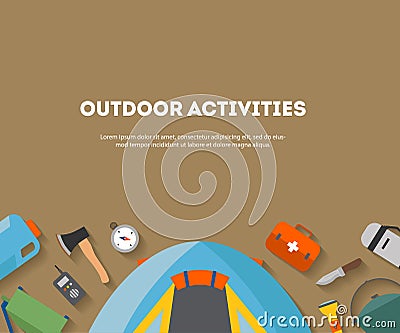 Horizontal banner camping and tourism on an outdoor flat Vector Illustration