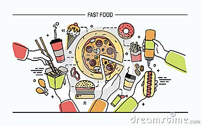 Horizontal banner with fastfood. Composition with different products hot dog with mustard, pizza, noodles, donut, ice Vector Illustration