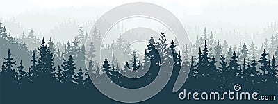 Horizontal banner of forest background, silhouettes of trees. Magical misty landscape, fog. Blue and gray illustration. Vector Illustration