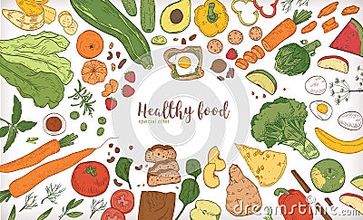 Horizontal banner with frame consisted of different healthy or wholesome food, fruit and vegetable slices, nuts, eggs Vector Illustration