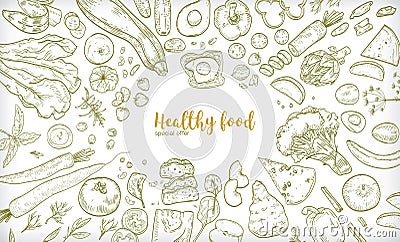 Horizontal banner with frame consisted of different healthy or wholesome food, fruit and vegetable slices, nuts, eggs Vector Illustration