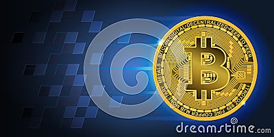 Horizontal banner with golden flying bitcoin and dark blue background Vector Illustration