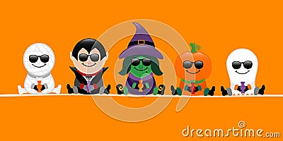 Banner Halloween Mummy Vampire Witch Pumpkin And Ghost Sunglasses Orange Vector Illustration