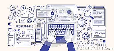 Horizontal banner with hands typing on laptop keyboard, various electronic devices and symbols. Programming, software Vector Illustration