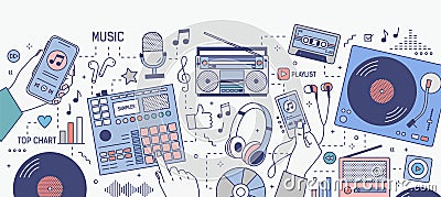 Horizontal banner with hands and various devices for music playing and listening - mobile application on smartphone Vector Illustration