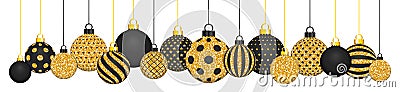 Banner Hanging Christmas Balls Pattern Black And Glitter Gold Vector Illustration