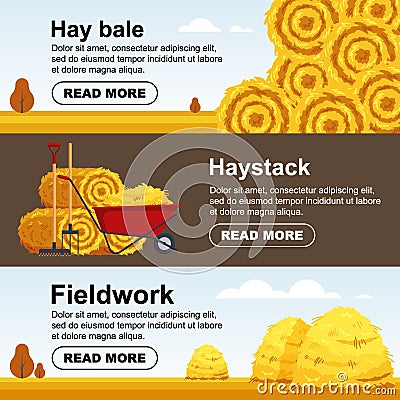 Horizontal banner haystack, wheelbarrow with bale of hay. Flat dried haystack flyer, farming haymow bale hayloft Vector Illustration