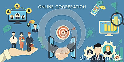 Horizontal banner of online cooperation decorative elements flat vector illustration Vector Illustration