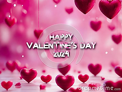 Horizontal banner with pink heart.Happy Valentine& x27;s day with hearts. Rose cloudscape border frame pink colors Stock Photo