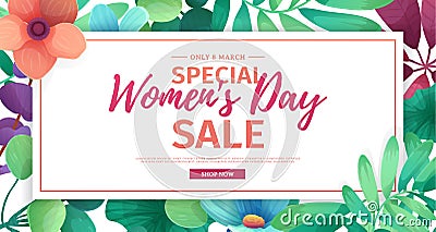 Horizontal banner for sale International Happy Women`s Day on flower background. Flyer for March 8 with the decor o Vector Illustration