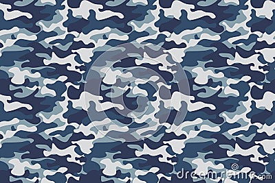 Horizontal banner seamless camouflage pattern background. Classic clothing style masking camo repeat print. Blue, navy Vector Illustration