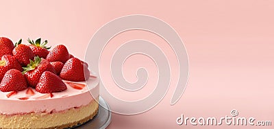 banner, strawberry cheesecake on pink background, fruit pastries and sweets, berry dessert, place for text Stock Photo