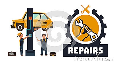 Horizontal banner template on car repairs. Repair logo, hand holding a wrench. The car on a lift. Auto mechanic inspects Vector Illustration