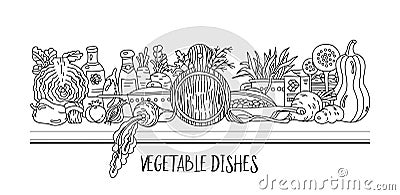 Horizontal banner with vegetables and kitchen utensils for menu or cookbook decoration. Vector illustration on transparent Vector Illustration