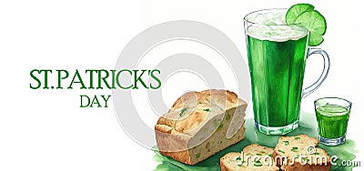 watercolor illustration, green beer and irish soda bread, St. Patricks day treats, on a white background Cartoon Illustration