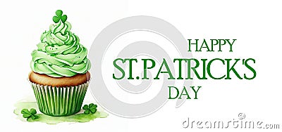 watercolor illustration, St. patricks day treat, cupcake with green cream, decorated with clover Cartoon Illustration
