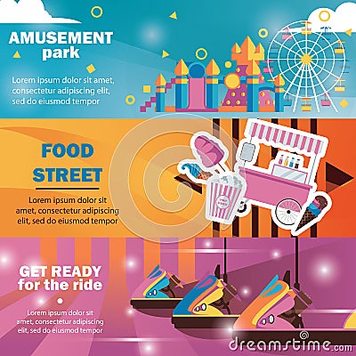 Horizontal banners for amusement park with carousels, food truck in bright colors Stock Photo