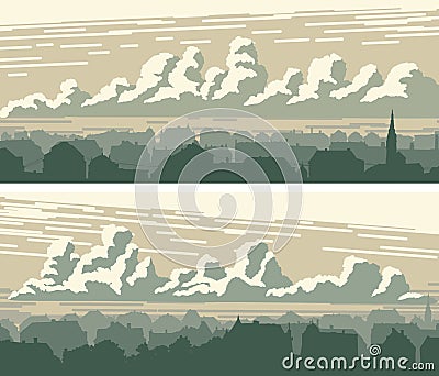 Horizontal banners of big European city and sky with clouds. Vector Illustration