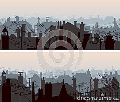 Horizontal banners of downtown roofs with antennas and chimney. Vector Illustration