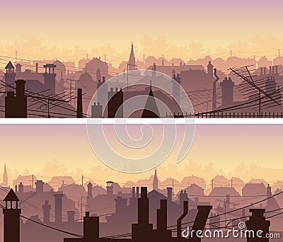 Horizontal banners of downtown roofs with antennas and chimneys at sunset. Vector Illustration