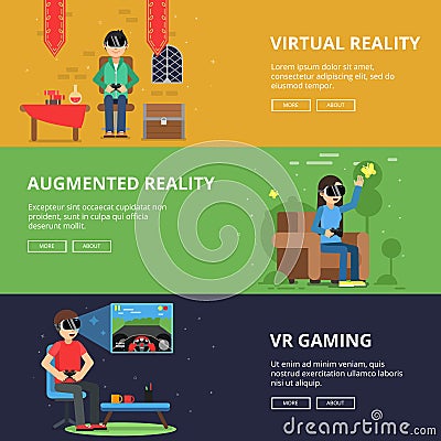 Horizontal banners of funny people which plays in vr helmet. Video games Vector Illustration