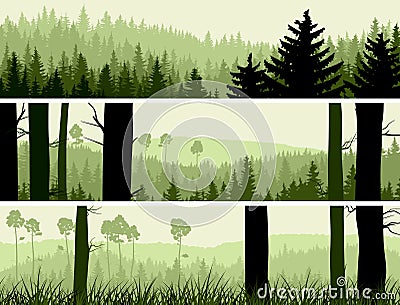 Horizontal banners of hills coniferous wood. Vector Illustration