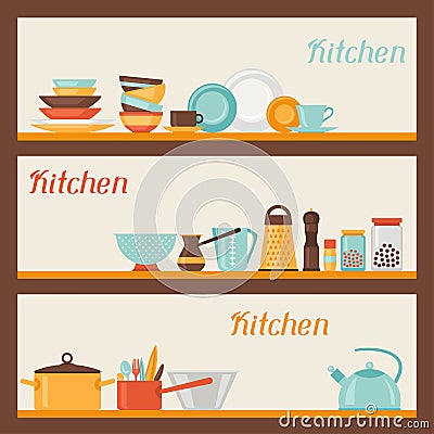 Horizontal banners with kitchen and restaurant Vector Illustration