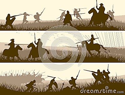 Horizontal banners of medieval battle. Vector Illustration