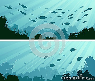 Horizontal banners of seabed with coral reefs, algae and school of fish. Vector Illustration