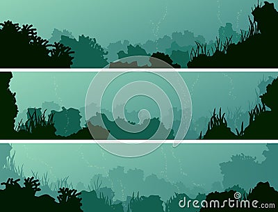 Horizontal banners of Seabed with coral reefs and algae. Vector Illustration