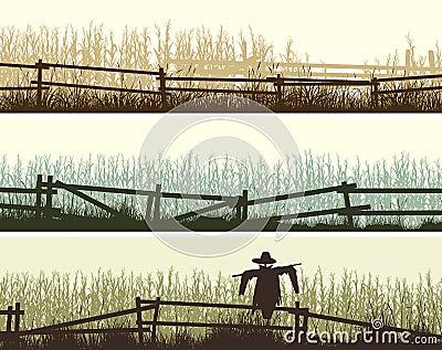 Horizontal banners silhouettes of corn field and grass in front of it with a wooden fence. Vector Illustration