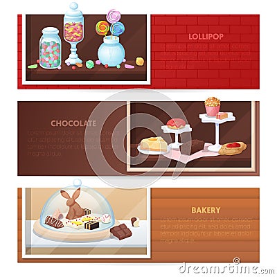 Horizontal Banners with Sweets Food - Bakery, Candy and Chocolate Vector Illustration