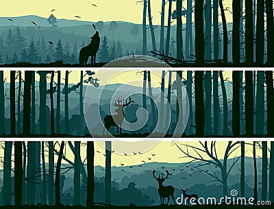 Horizontal banners of wild animals in hills wood. Vector Illustration