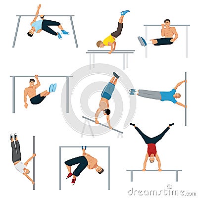 Horizontal bar chin-up strong athlete man gym exercise street workout tricks muscular fitness sport pulling up character Vector Illustration