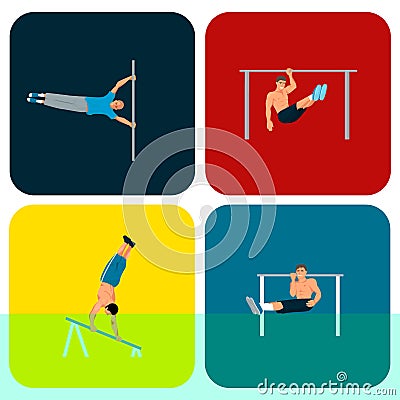 Horizontal bar chin-up strong athlete man gym exercise street workout tricks muscular fitness sport pulling up character Vector Illustration