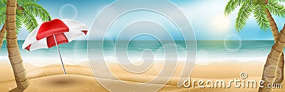 Horizontal beach banner with palm trees and parasol Vector Illustration