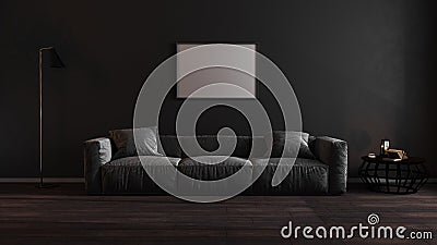 Horizontal blank poster frames mock up in luxury dark living room interior with gray sofa, modern interior background, 3d Cartoon Illustration