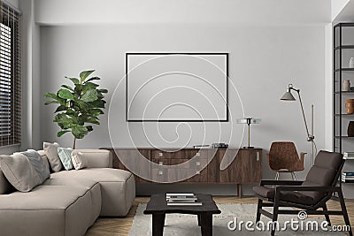 Horizontal blank poster mockup on white wall in interior of living room Cartoon Illustration