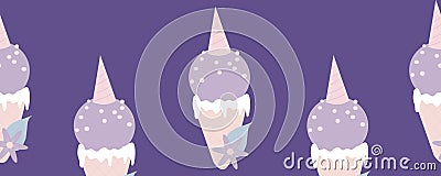 Horizontal border with purple unicorn ice cream Vector Illustration