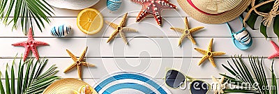 Horizontal border of various beach items, accessories and toys scattered on a white background. Summer vacation concept Stock Photo